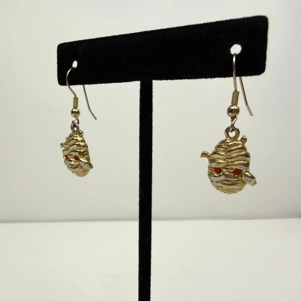 Gold Tone Mummy Dangle Earrings Red Eyes Halloween Costume Jewelry 1.5 in